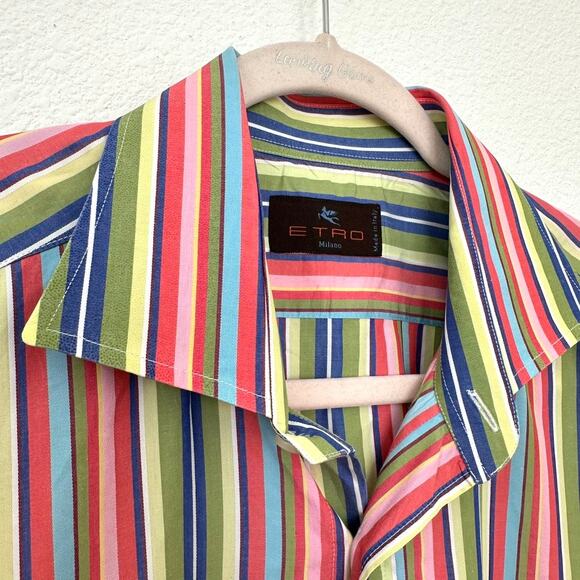 Etro Milano Men's Striped Button-Up Shirt Multicolor Cotton Size L/XL - Picture 2 of 5